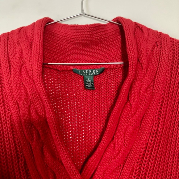 Lauren Ralph Lauren 100% cotton crimson cable knit v-neck sweater EUC - Picture 3 of 5